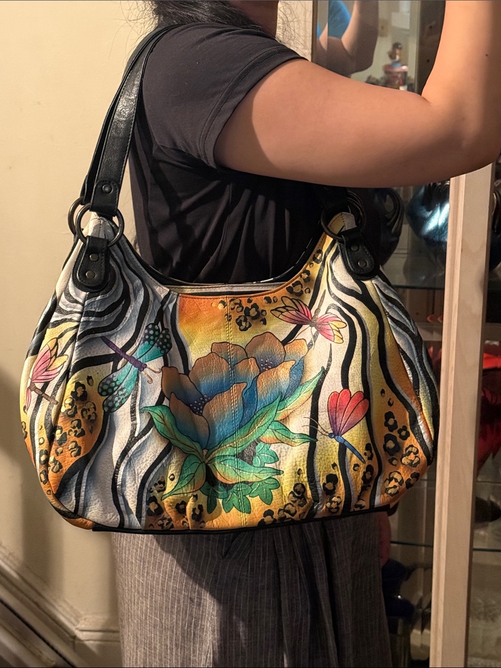 Anuschka Multicolor Floral & Zebra Print Shoulder Bag with Black Straps